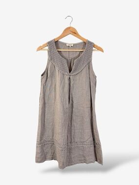 Via Signoria Linen Dress Size S Taupe Gray Crochet Lace Boho Cottage Lagenlook